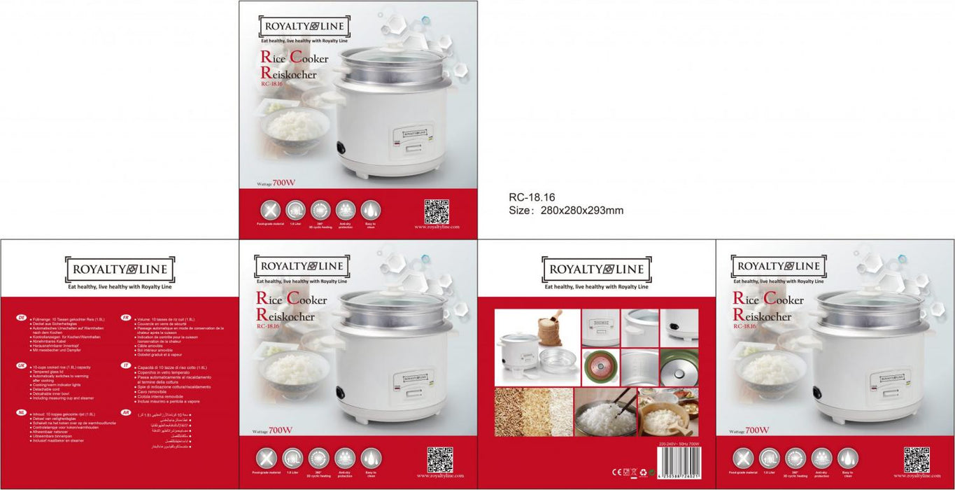 Royalty Line RL - RC18.10D: Rijstkoker met Stoomkoker - 1.8L - Bivakshop