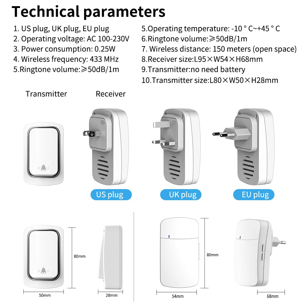 SIXWGH draadloze deurbel - Zelfvoorzienend, waterdicht, geen batterij nodig, draadloze verbinding - Bivakshop