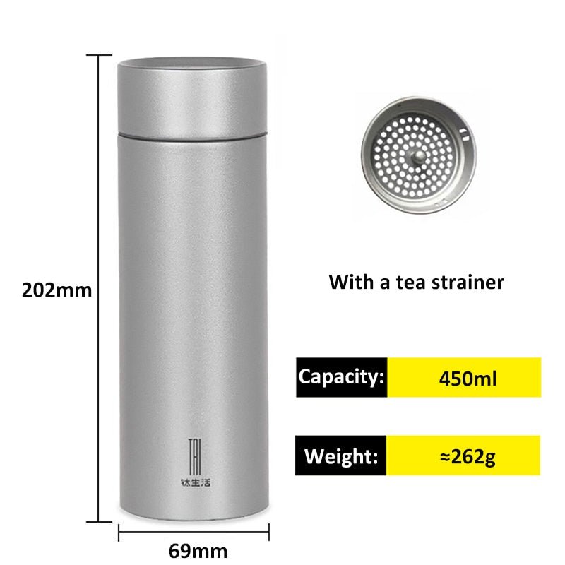 Titanium Vacuüm Thermosfles - 440 of 550 ml inhoud - Met theezetter - Zilver - Bivakshop
