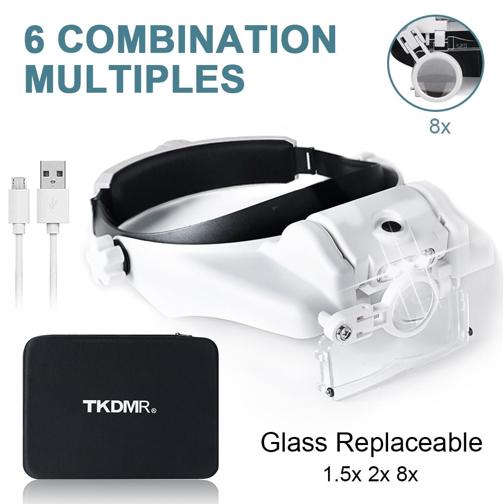 TKDMR Usb oplaadbare vergrootglas op hoofdband -3LED hoofdband - Loep - hoofdlamp - Bivakshop