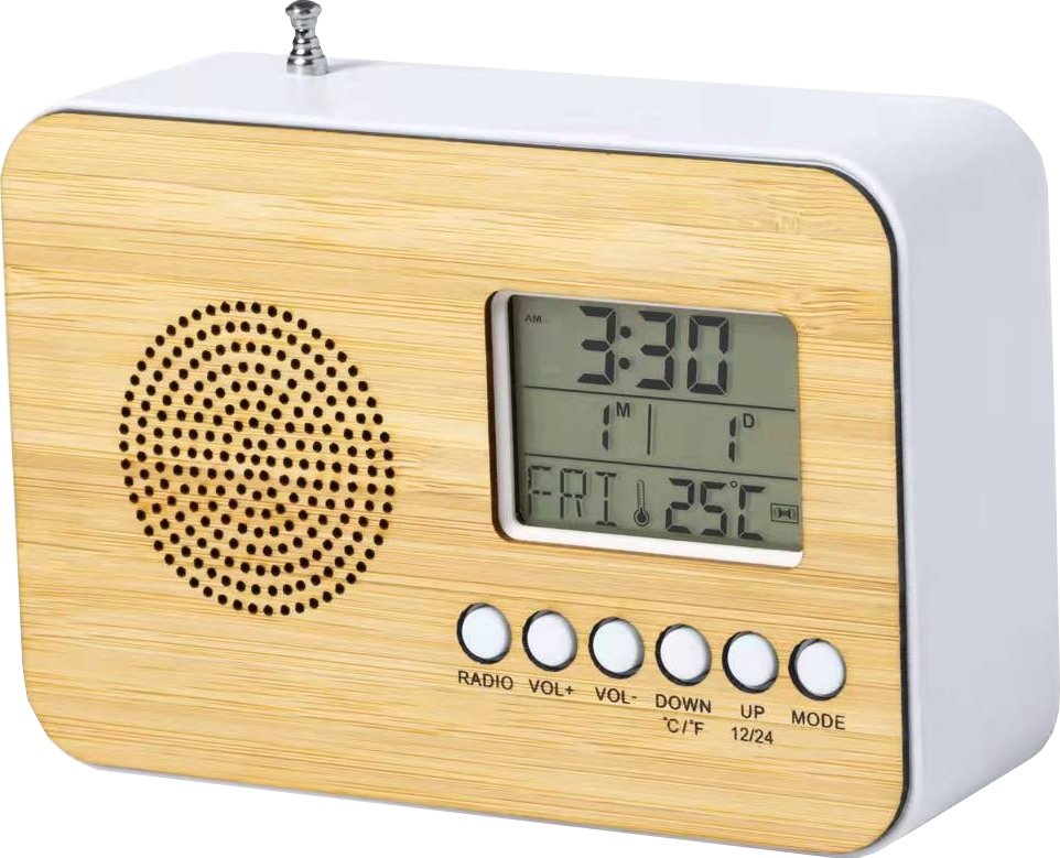 Wellys GD-160643: Bamboe radio en wekker - Retro - Bivakshop