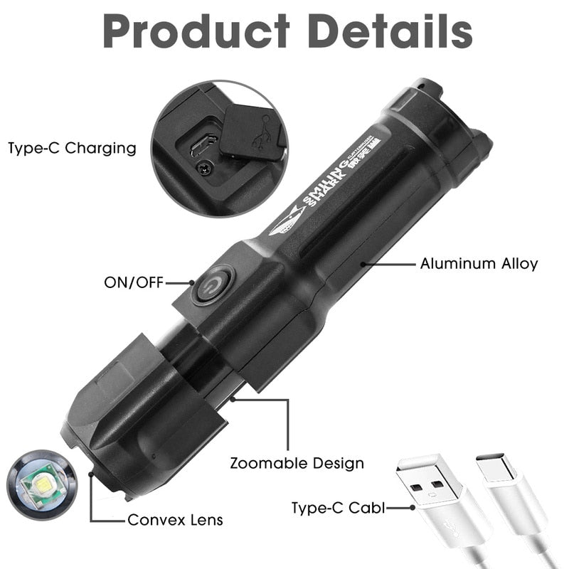 Zaklamp Sterk Licht - Oplaadbaar USB - Heldere Xenon - Thuis of Outdoor - Draagbare Led Lichtgevende Zaklamp - Bivakshop