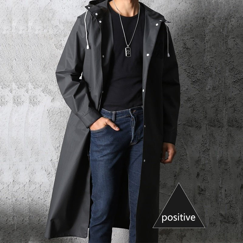Zwarte mode waterdichte lange regenjas - Unisex - Capuchon - Bivakshop