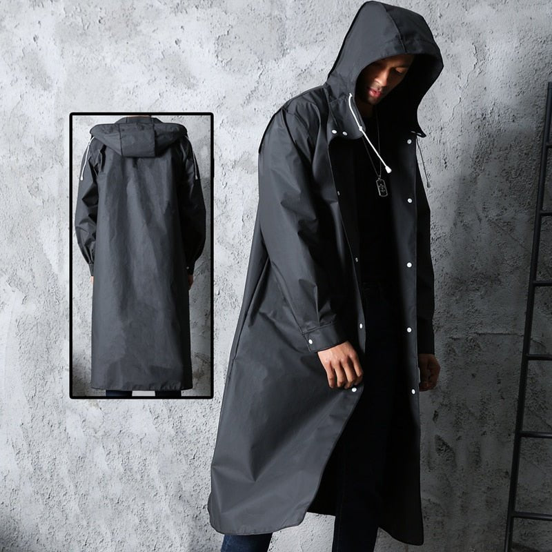 Zwarte mode waterdichte lange regenjas - Unisex - Capuchon - Bivakshop